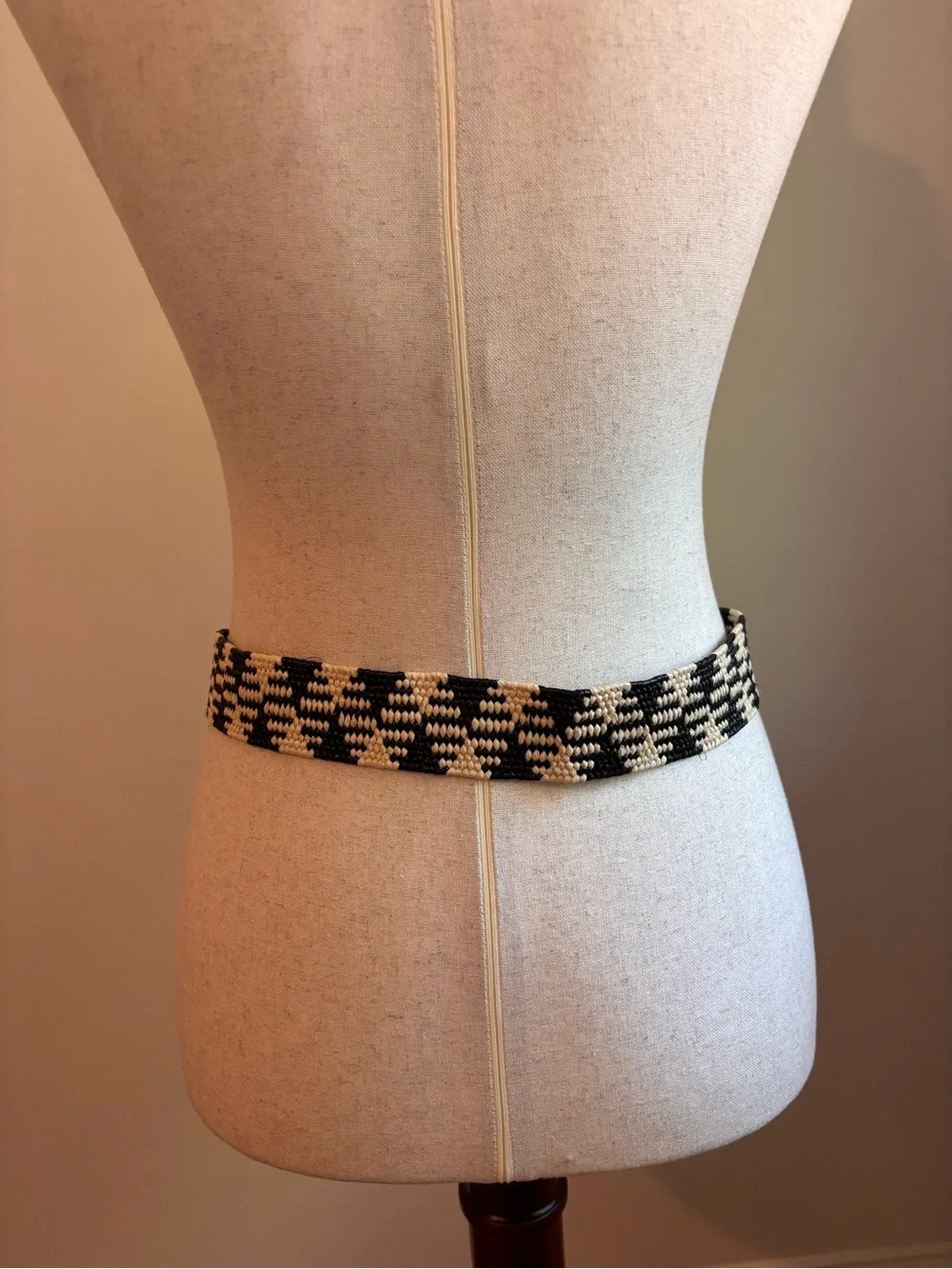 Black White Woven Stretch Belt Bamboo Buckle Boho Resort Waist Belt